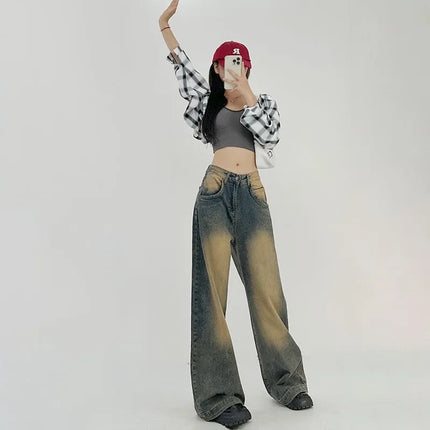 Retro Washed Wide Leg Jeans High Waist For Young Women by zapcart