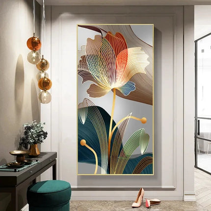Abstract Flower Canvas Painting Golden Lines Living Room by zapcart