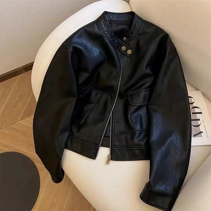 OKXGNZ Casual PU Short Leather Jacket Women Flexible Spring by zapcart