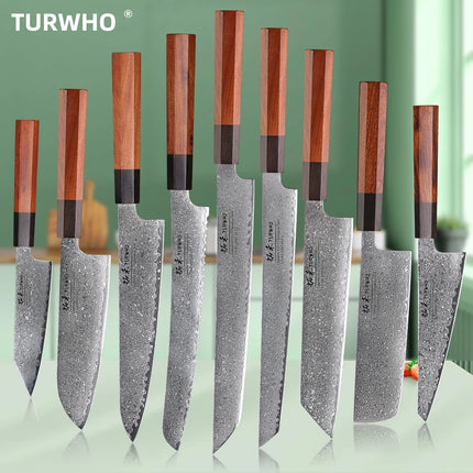 TURWHO Hand Forged Japanese Santoku Knife Damascus Steel Pro