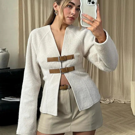 Trafza Women Leather Buckle Woolen Coat Beige Chic Warmth by zapcart