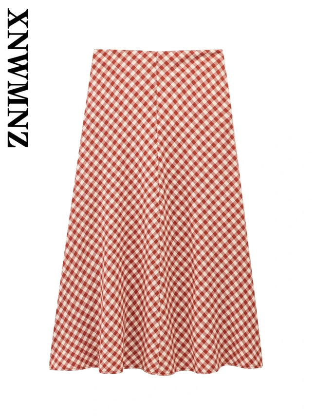 XNWMNZ Plaid Midi Skirt Women High Waist A Line Versatile by zapcart