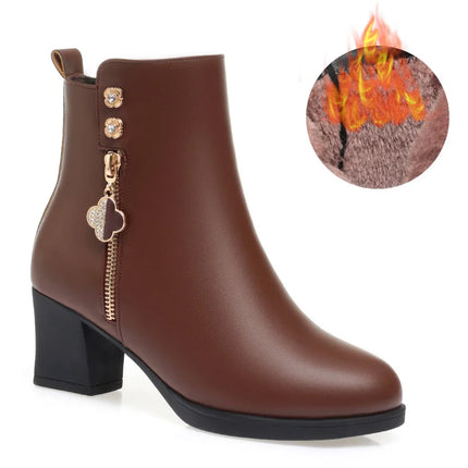 Women Leather Boots MCDV Warm Plush Snow Boots Thick Heel