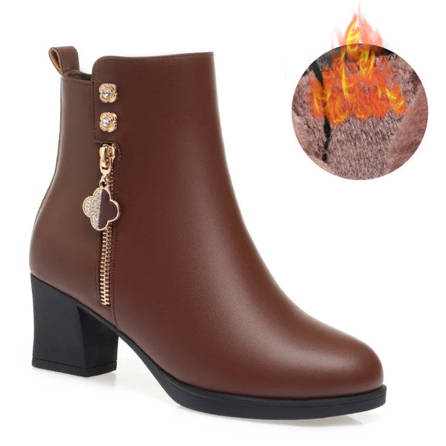 Women Leather Boots MCDV Warm Plush Snow Boots Thick Heel