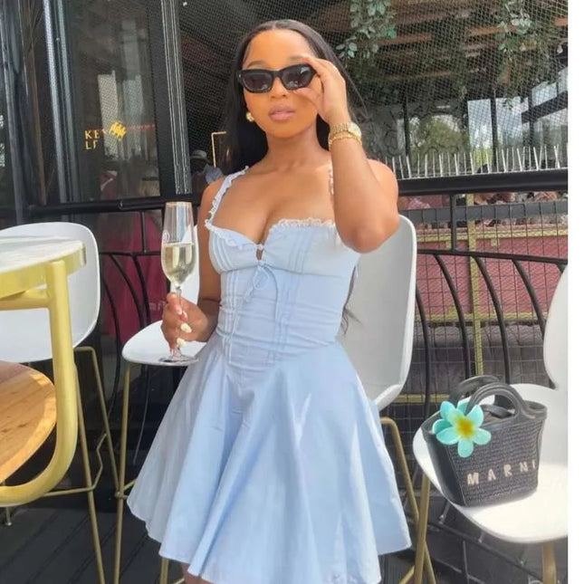 YENKYE Women Blue Elegant Party Mini Dress A Line Lace by zapcart