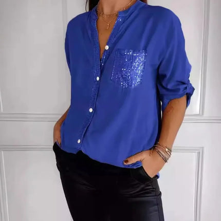 Women V-Neck Sequin Blouse Long Sleeve Chic Office Casual by zapcart