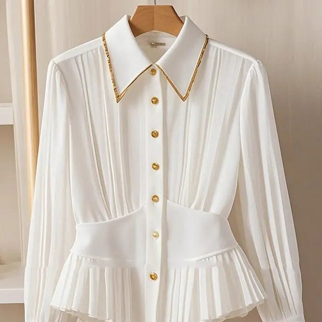 French Hepburn Style Pleated Polo Collar White Shirt Women by zapcart