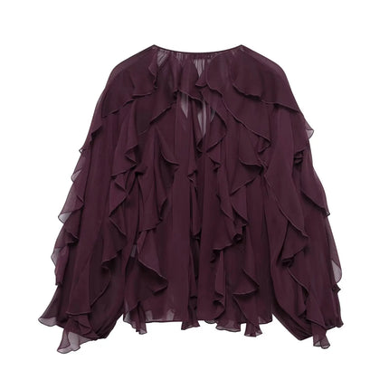 Tangada Women Wine Red Ruffles Shirt Oversized Long Sleeve by zapcart