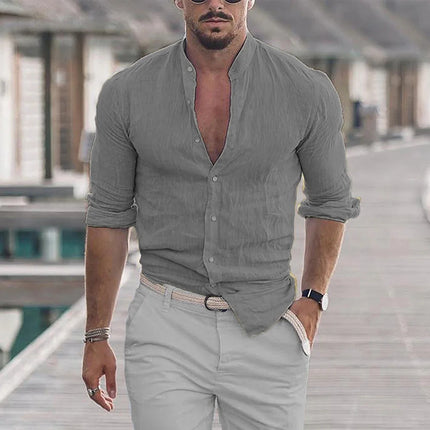 King Billion Men Cotton Linen Mandarin Collar Shirt Loose by zapcart