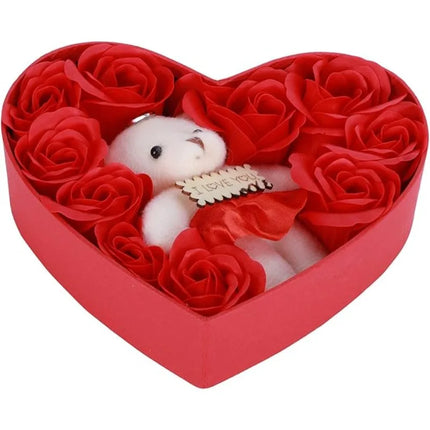 Valentine's Day 10 Floral Rose Artificial Flowers with 1 Bear in Gift Box for Girlfriend Wife Wedding Home Party Decor by zapcart