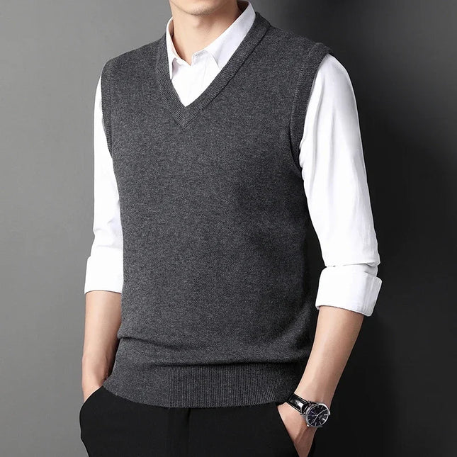 Mens V-Neck Knitted Vest Solid Color Warm Top Zhejiang by zapcart
