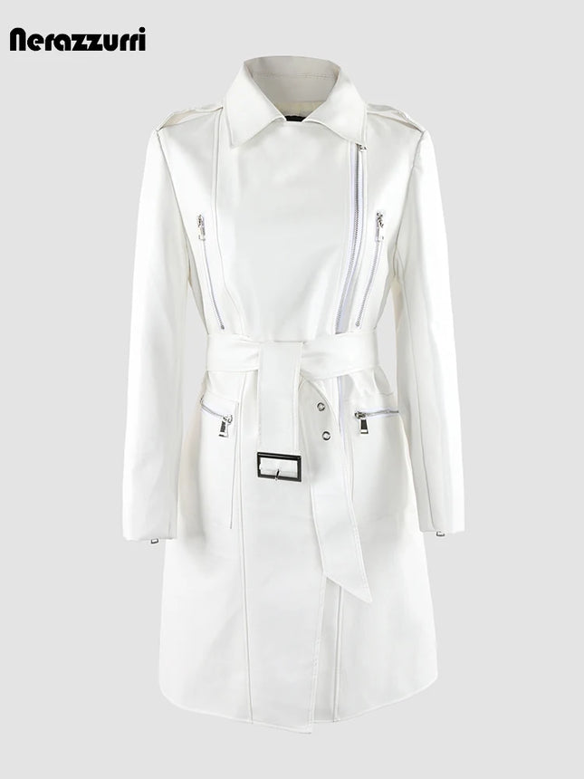 Nerazzurri White PU Leather Zipper Biker Jacket Women Belt by zapcart