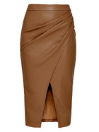 Women Midi PU Leather Skirt High Waist Front Slit Zipper by zapcart