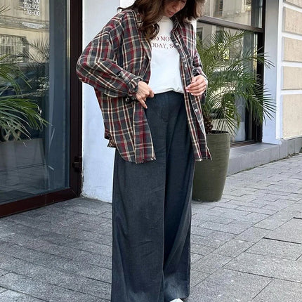 Clacive Plaid Shirt For Women Vintage Lapel Long Sleeve by zapcart