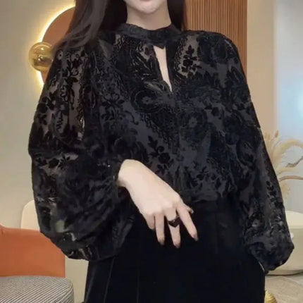 Elegant Lace Long Sleeve Shirt For Women Hollowed Mesh by zapcart