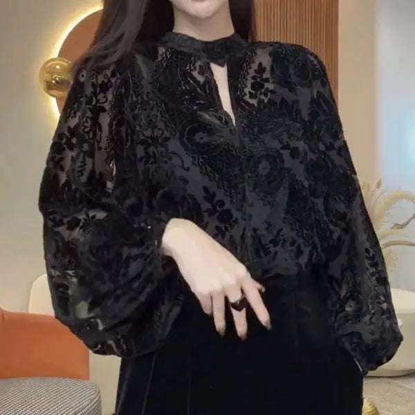 Elegant Lace Long Sleeve Shirt For Women Hollowed Mesh by zapcart