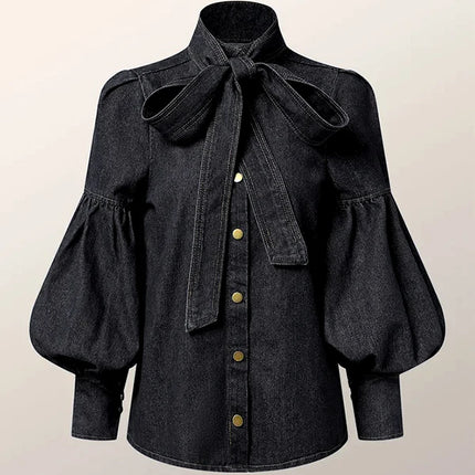 Gymystars Denim Blouse For Women Bow Embellished High Neck by zapcart