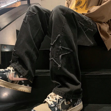 CN Guangdong Star Embroidered Men Jeans Wide Leg Streetwear by zapcart
