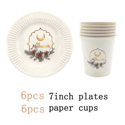QIJOYJUCN Eid Mubarak Disposable Tableware Plates Cups 6Pc by zapcart