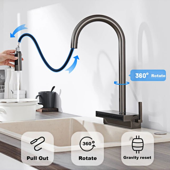 Luxury Gunmetal Brass LED Digital Display Kitchen Faucet 1 Hole Pull-out with 2 Modes Ceramic Valve Core Hot&cold Water Sink Tap by zapcart
