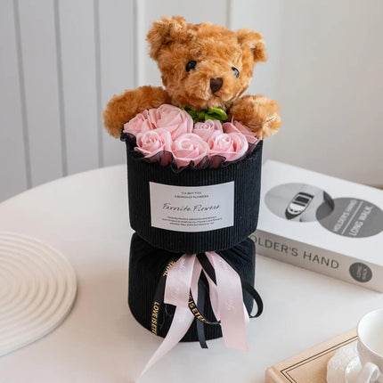 Valentine's Day Gift for Her Rose Bouquet with Cute Bear Artificial Flower Home Decor for Living Room Bedroom Wedding Decoration by zapcart