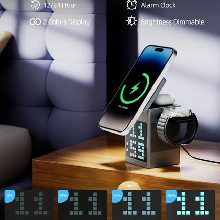 3-in-1 Wireless Charger with Bluetooth Speaker Pixel Animation Display Digital Clock & Alarm for Magsafe iPhone AirPods iWatch by zapcart