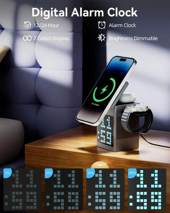 3-in-1 Wireless Charger with Bluetooth Speaker Pixel Animation Display Digital Clock & Alarm for Magsafe iPhone AirPods iWatch by zapcart