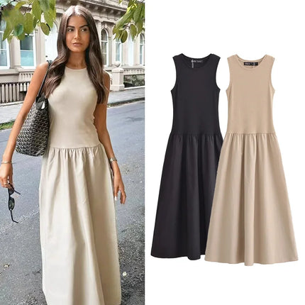 TRAF Khaki Elegant Spring Long Dress Women 2025 Sleeveless by zapcart