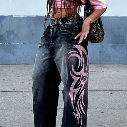 Cyber Y2K Streetwear Graphic Baggy Ripped Jeans For Women by zapcart