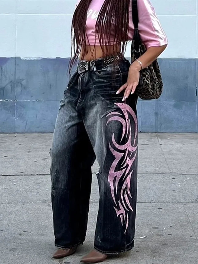 Cyber Y2K Streetwear Graphic Baggy Ripped Jeans For Women by zapcart