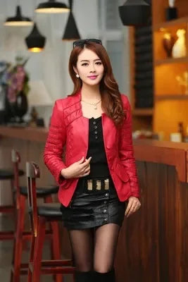 Women Faux Leather Jacket Slim Fit Turn Down Collar by zapcart