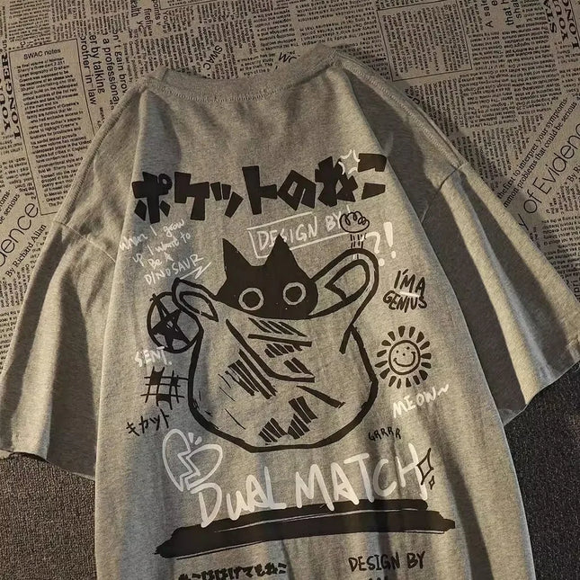 Pocket Cat Cartoon Tee Unisex Oversized College Style by zapcart
