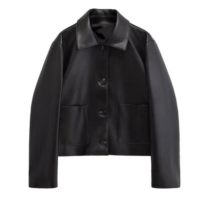 Trafshe Womens PU Leather Jacket Loose Fit Autumn Moto Style by zapcart