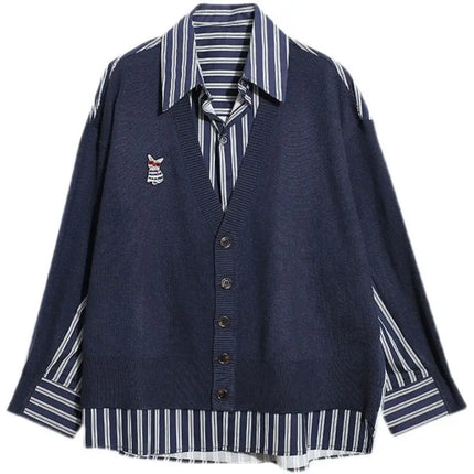 Women Striped Shirt Faux Layer Two Piece Blouse Casual Chic by zapcart