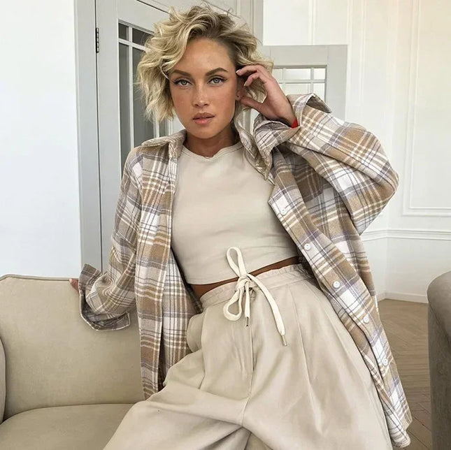 Lemoneno Woolen Lapel Plaid Oversize Shirt For Women Chic by zapcart