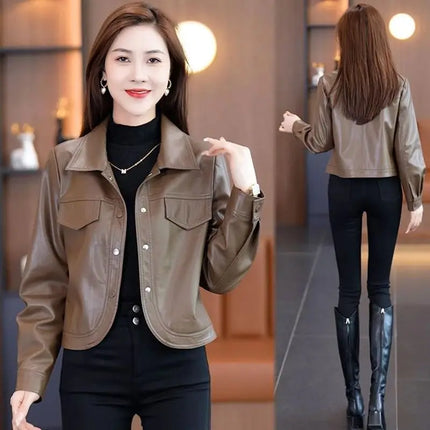 Maillard Short Leather Jacket For Women Spring Autumn Chic by zapcart