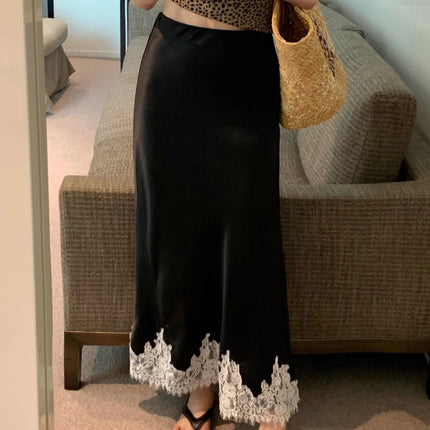 Elegant Satin Lace Long Skirt For Women High Waist A Line by zapcart