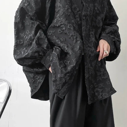 XITAO Women Crumpled Jacquard Shirt Loose Bat Wing Sleeve by zapcart