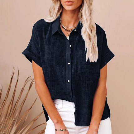 Women's Cotton Linen Blouse Loose Fit Short Sleeve Summer by zapcart