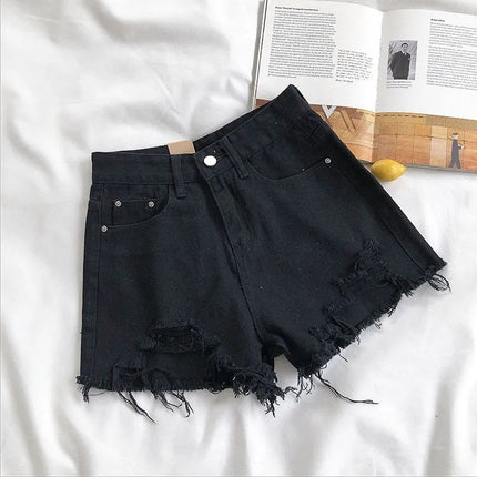 Korean Denim Shorts Women High Waist Ripped Tassel Chic by zapcart