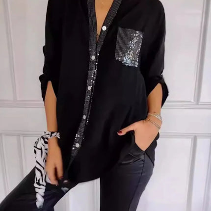 Women V-Neck Sequin Blouse Long Sleeve Chic Office Casual by zapcart