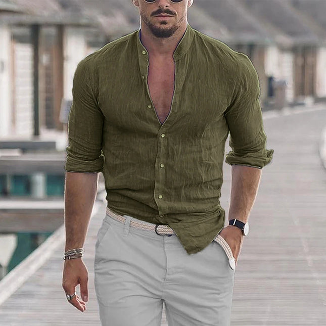 King Billion Men Cotton Linen Mandarin Collar Shirt Loose by zapcart