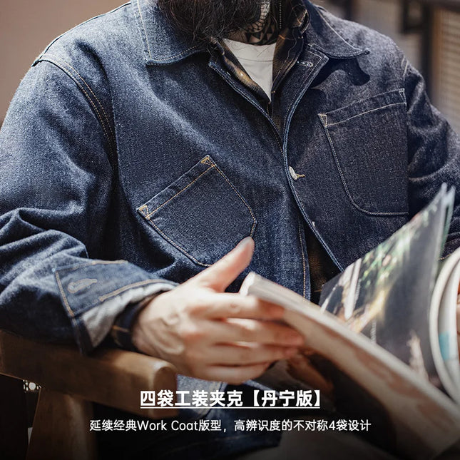 Maden Vintage Denim Coat For Men Four Pocket Asymmetrical by zapcart