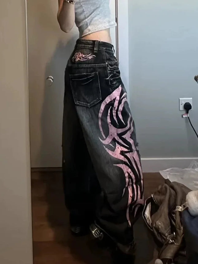 Cyber Y2K Streetwear Graphic Baggy Ripped Jeans For Women by zapcart