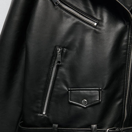 Ailegogo Women Belted PU Faux Leather Motorcycle Jacket by zapcart