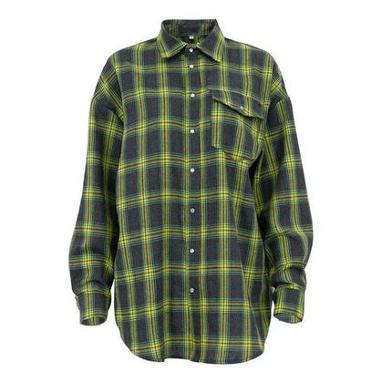 Women Plaid Shirt Oversized Pocket Turndown Collar Blouse by zapcart