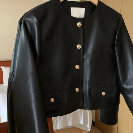 Korean Style Black Leather Jacket Women Vintage O Neck by zapcart