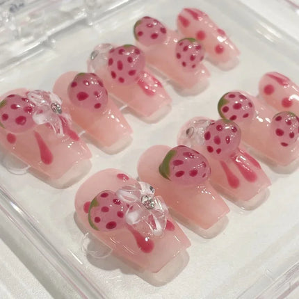 Press On Nails Handmade Square Pink For Women Strawberry by zapcart