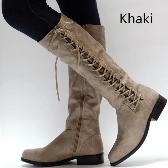 YBQJOO Women Winter Boots Leather Knee High Lace Up by zapcart