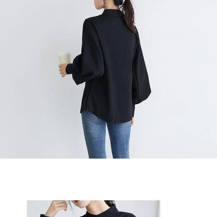 FSMG Women Vintage Shirt Stand Collar Lantern Sleeves Black by zapcart